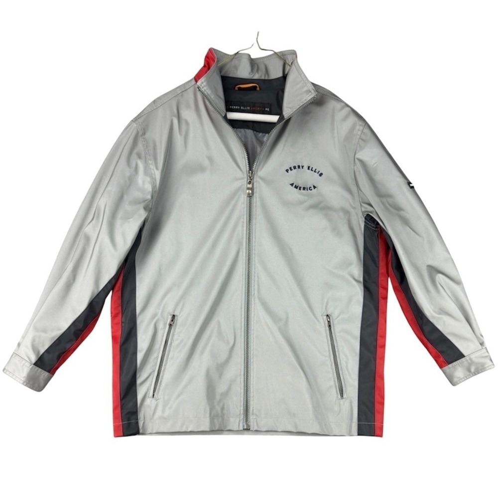 Perry Ellis America 76 Mens L Zip Up Jacket Silver Red Black USA Graphic Vtg 90s